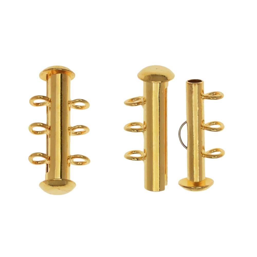 Beadaholique Slide Tube Clasps, 3-Strand with Vertical Loops 21.5x4mm, 2 Sets, Gold Plated