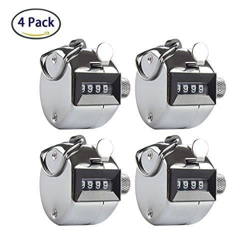 4 Pack of Hand Tally Counters, 4 Digit Metal Case Handheld Click Counter with Metal Knob, Mechanical Counter Clicker for Sport Stadium Coach Casino and Other Event with Metal Finger Ring Hoop Holder