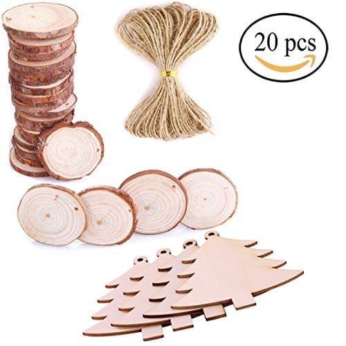 10 Pcs Wood Tag Unfinished Wooden Tree Cutouts And 10 Pieces Unfinished Predrilled Wood Slices with Holes Round Log Discs with String Christmas Tree Ornaments Christmas Wooden Hanging Plaque Christm