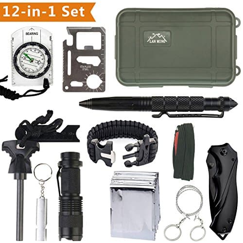 KaiLan Emergency Survival Gear Kit 12 in 1 ,Outdoor Survival Tool with Fire Starter Paracord Bracelet Whistle Survival Blanket Wire saw Compass Survival Knife Flashlight Tactical Pen etc