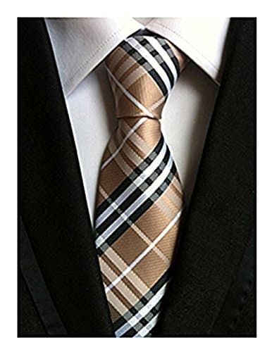 USOLDFLY Men's Tie Copper Brown Black Red and White Plaid Silk Necktie