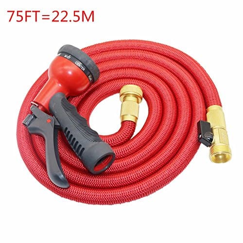 75ft Expandable Lawn Garden Hose,3/4" Solid Brass Fittings,with Extra Strength Fabric and 8-Modes Spray Gun - Red