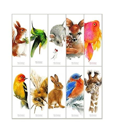 Bookmarks - Set of 10 different bookmarks created from original watercolors. Animal Bookmarks Gift - Hummingbird Giraffe Mouse Deer Hare Honey Bee Red Squirrel Pink Fish Bluebird