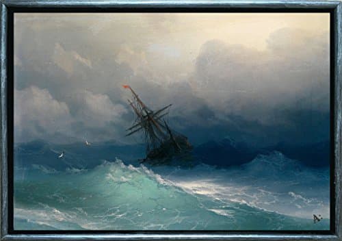 Startonight Luxury Framed Art Silver Aivazovschy Ship on Stormy Seas Reproduction Dual View Surprise 27.56 Inch By 39.37 Inch Famous Collection Wall Art