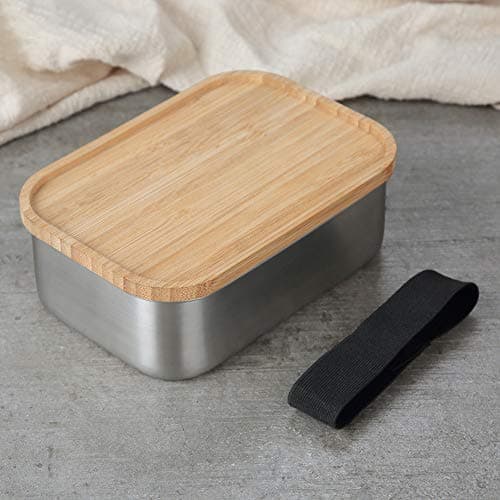 Ebestus 800ml Stainless Steel Lunch Box with Bamboo Lid, Kitchen Storage Sushi Snacks Container, Bento Boxes for Adults, Kids - Silver