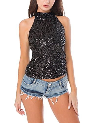 conmajestic Women's Halterneck Sequins Embellished Sleeveless Tank Top Vest