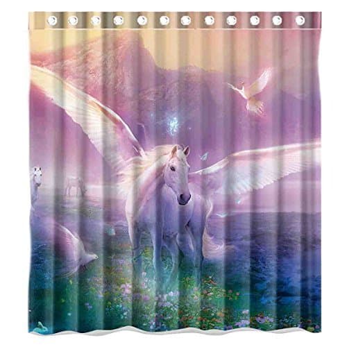 Custom Abstract Birds Colours Doves Fantasy Flowers and Horses in Magical Mountains Pegasus Snow Tree Unicorn Wings Waterproof Polyester Fabric Bathroom Shower Curtain Standard Size 66(w)x72(h)