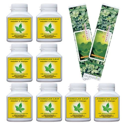 8 Bottles | 100 Organic Jiaogulan Veggie-caps Each | Plus 2 Immortal Tea 1oz/30g Samples Included | Gynostemma Gypenosides in 500mg Caps