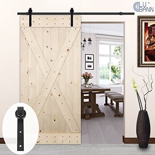 LUBANN 42in.x 84in. Unfinished X-Brace Knotty Pine Barn Door with 8 ft Sliding Door Hardware Kit (Classic J Style)