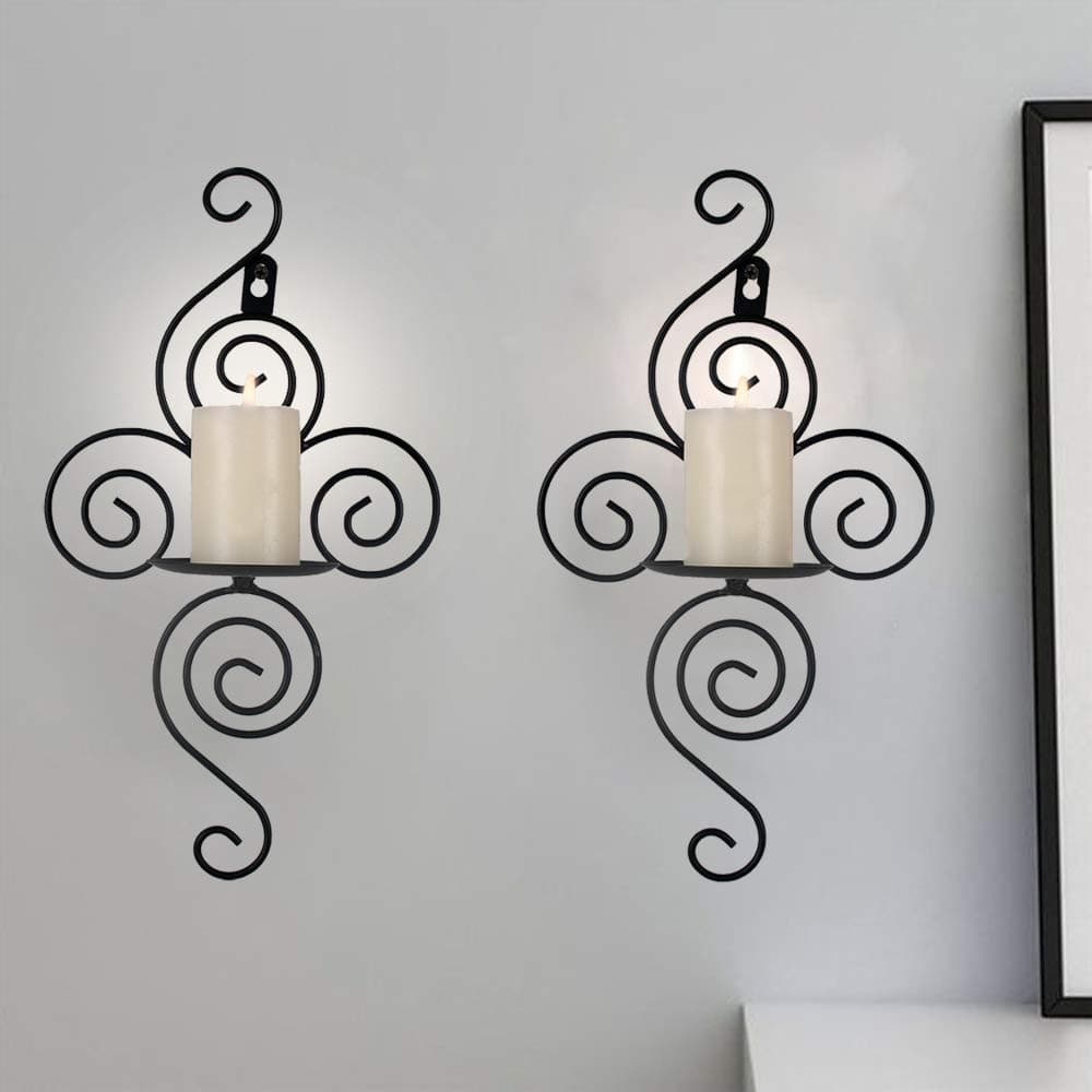 GoMaihe Black Wall Mounted Candle Holders, 19 x 35cm Iron Tealight Candlestick Holders Candelabra, Vintage Home Living Room Hanging Decorations for Valentine Christmas Wedding Dinning, Set of 2