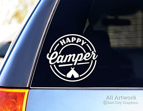 Happy Camper Car Window Decal - Tent Camping Vinyl Sticker - Camper Gift, Outdoor Recreation, Adventure, Get into Nature - for Truck, Bumper (5 inches Wide, White)