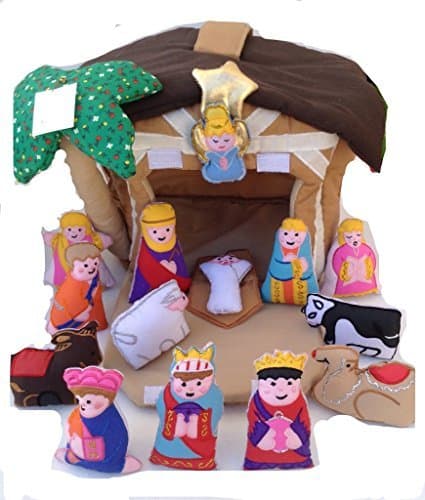 SOFTTOYS FABRIC NATIVITY HOUSE CHILDRENS MANGER PLAY SET WITH FINGER PUPPETS by Softoys