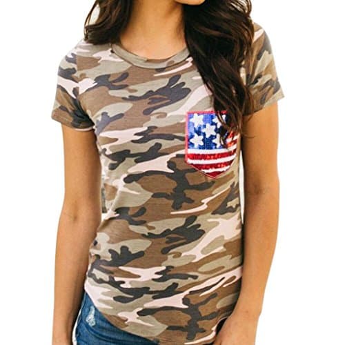TOPUNDER Independence Day Short Sleeve Camouflage American Flag Blouse Casual T Shirt for Women