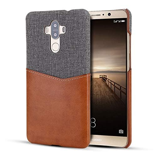 Yonanls Slim Fit Wallet Case for Huawei Mate 9 Shell, Premum Leather + Canvas Fabric Comfortable Leather Case Cover with Credit Card Slot ryjnfghmterba (Color : Brown+grey)