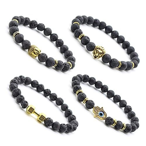 Celeisure 4PCS Hamsa Hand of Fatima Lava Rock Mala Beads Bracelet Buddhist Prayer 8mm 7.5 Inches Lion
