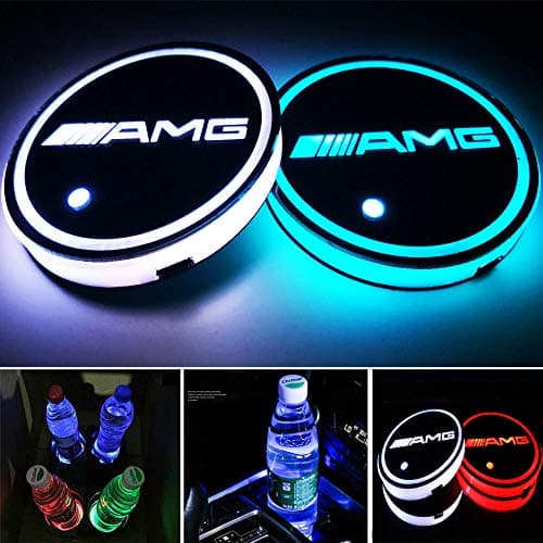 Aswelly LED Car Cup Holder Lights for AMG, 2PCS Car Logo Cup Coaster with 7 Colors Changing USB Charging Mat, Luminescent Cup Pad Interior Atmosphere Lamp Cool Car Accessories for AMG