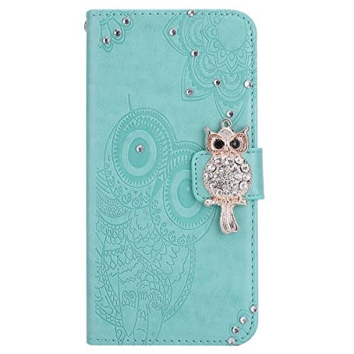 Jinghuash Flip Leather Case Compatible with Samsung Galaxy S9 Plus,Embossing Owl Pattern Design [Kickstand] [Card Slots] Luxury Bling Glitter PU Leather Wallet Cover for Samsung Galaxy S9 Plus,Green
