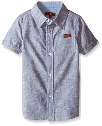 7 For All Mankind Boys' Short Sleeve Linen Blend Button Down Poplin Shirt With Chambray Trim, Indigo, 6