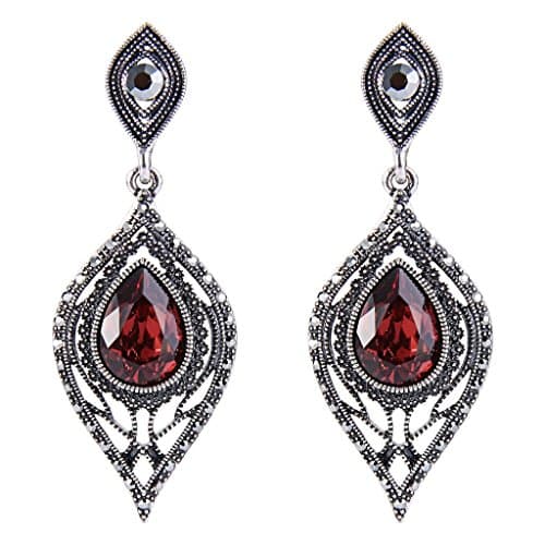 JoinMe Women's Vintaged Style Hollow Out Crystal Teardrop Dangle Earrings Antiqued Silver-Tone Red