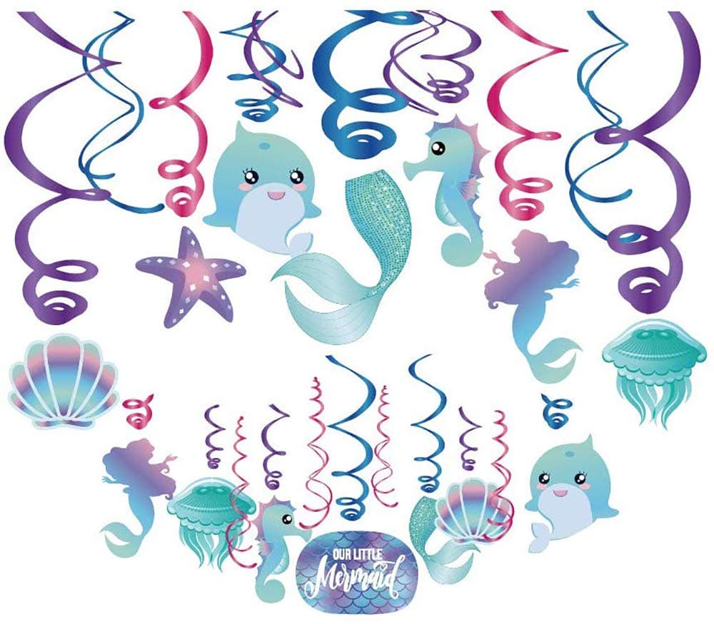 Mermaid Hanging Swirl Decorations for Under The Sea Party Decorations Birthday Baby Shower Party Supplies-Mermaid Tail Starfish Jellyfish Shell Seahorse Glitter Mermaid Dolphin (30Ct)