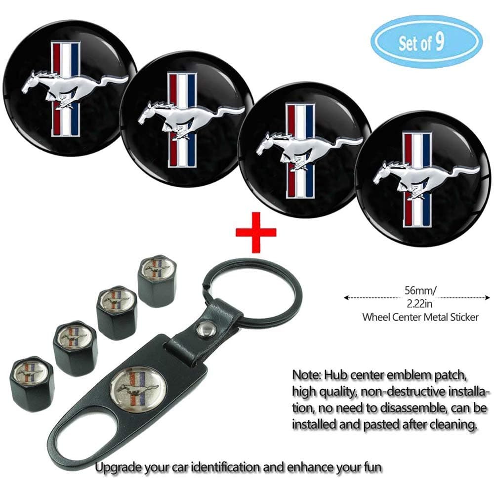 Fubai Auto Parts 4 Pack for Mustang Wheel Center Caps Emblem-Black,56MM/2.22' Rim Hub Emblem Badge Sticker + 4 Pack KeychainValve Covers Fit +1Pack Keychain