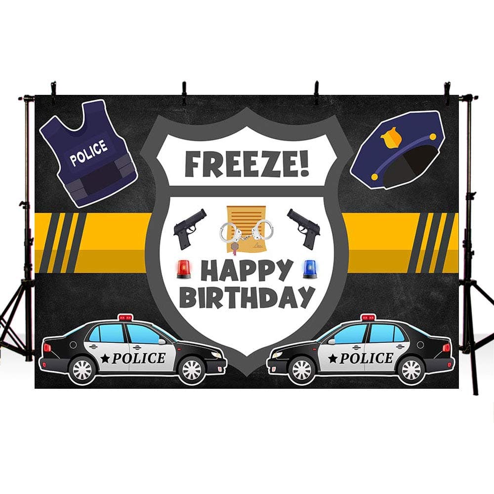 Police Themed Birthday Party Backdrop Props Policeman Boy Happy 1st Birthday Black Blue Yellow Police Car Freeze Photography Background Photo Banner for Cake Table Supplies 7x5ft
