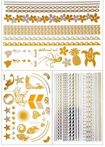 Metallic Gold Temporary Tattoos 3 Sheets: Just Bracelets, Bling and Hawaii/Beach Themes