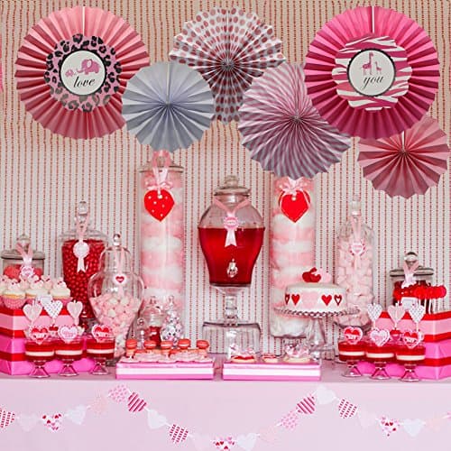 Party Hanging Paper Fans Set, Pink Round Pattern Paper Garlands Decoration for Birthday Wedding Graduation Events Accessories, Set of 6