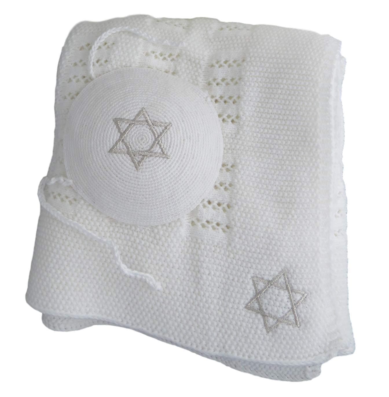 Brit Milah Set - Heirloom Style Blanket with Silver Embroidered Magen David and Matching Yarmulke