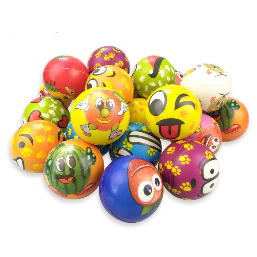 OKGD Set of 24 Fruit Emoji Stress Balls, Funny Face Squeeze and Bouncy Balls Bulk, Soft Stress Relief Balls Toys for Kids Emoji Party Favor, Office Props for Adults Relax