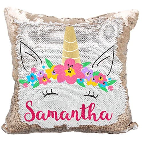 Personalized Mermaid Reversible Sequin Pillow, Custom Unicorn Sequin Pillow (Rose-Gold/White)