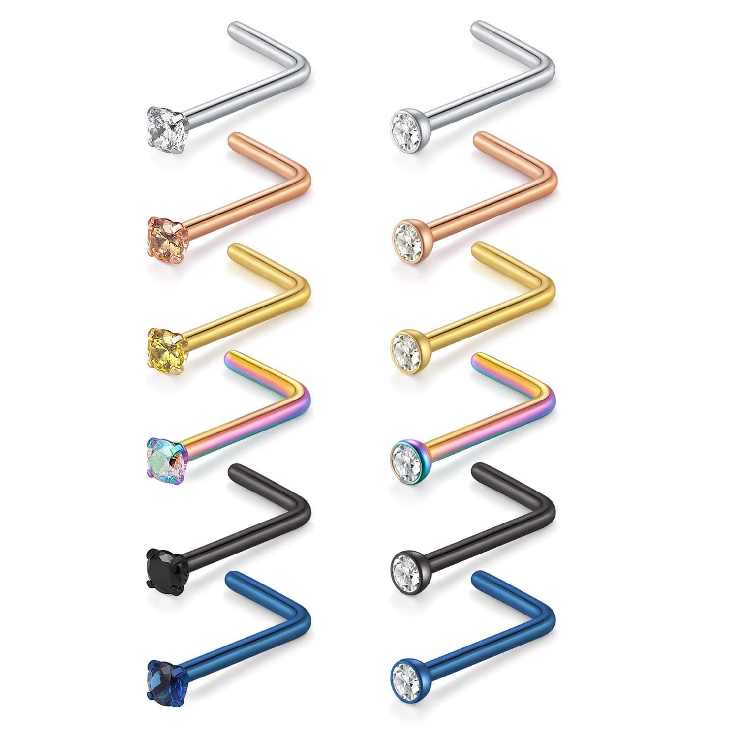 12PCS Nose Studs L Shaped 18G 20G Stainless Steel Piercing Nose Set Diamond CZ Body Jewellery