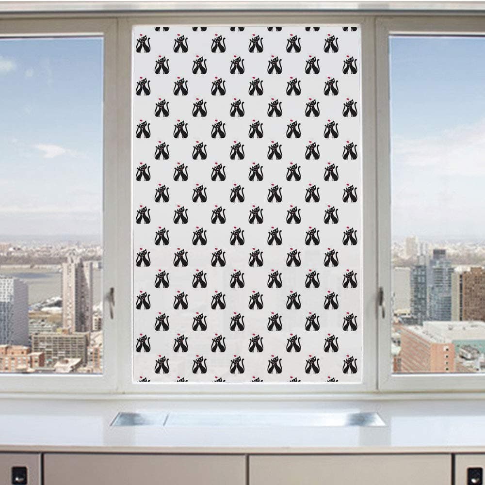 3D Decorative Privacy Window Films,Romantic Couple of Cats in Love Cute Hearts Valentines Togetherness Happiness Decorative,No-Glue Self Static Cling Glass film for Home Bedroom Bathroom Kitchen Offic