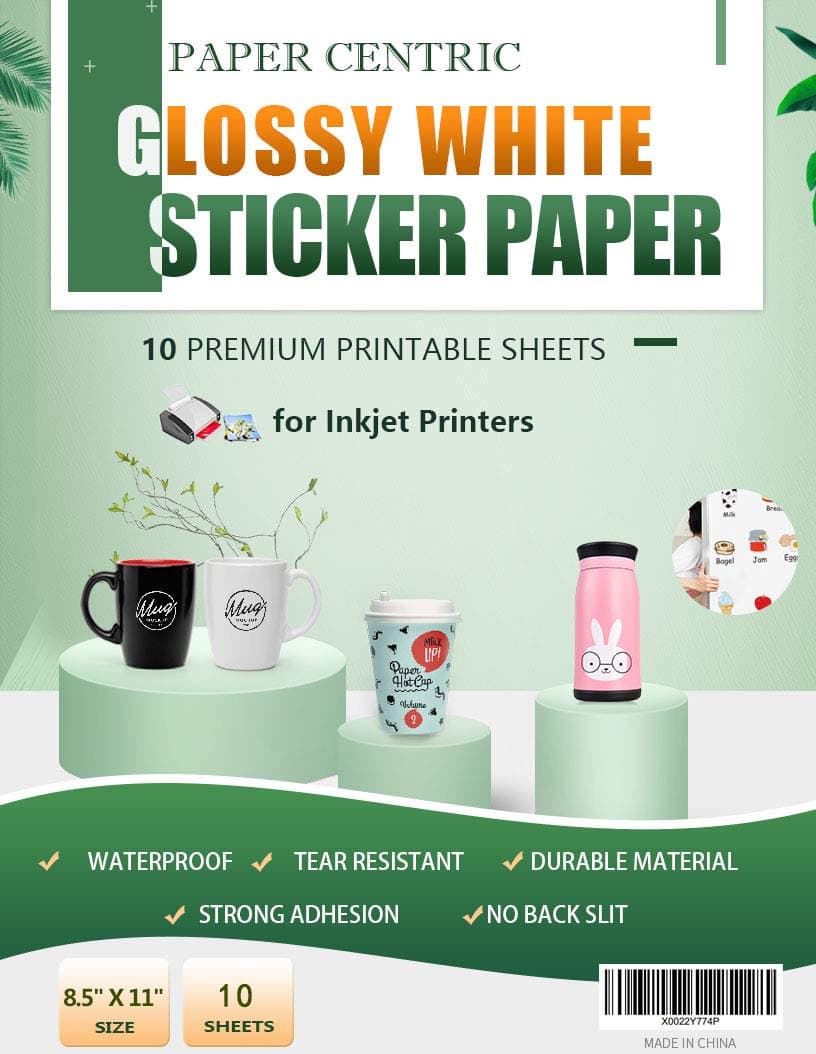 Paper Centric, Glossy White Sticker Paper - Waterproof - 10 Sheets Printable Vinyl - for Inkjet Printers
