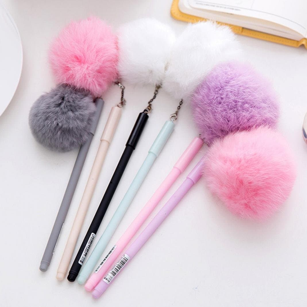 Slendima 0.5 mm Cute Faux Fur Pom Pom Ball Pendant Black Ink Gel Pen Gift for Girl Women - Random Color Size 1