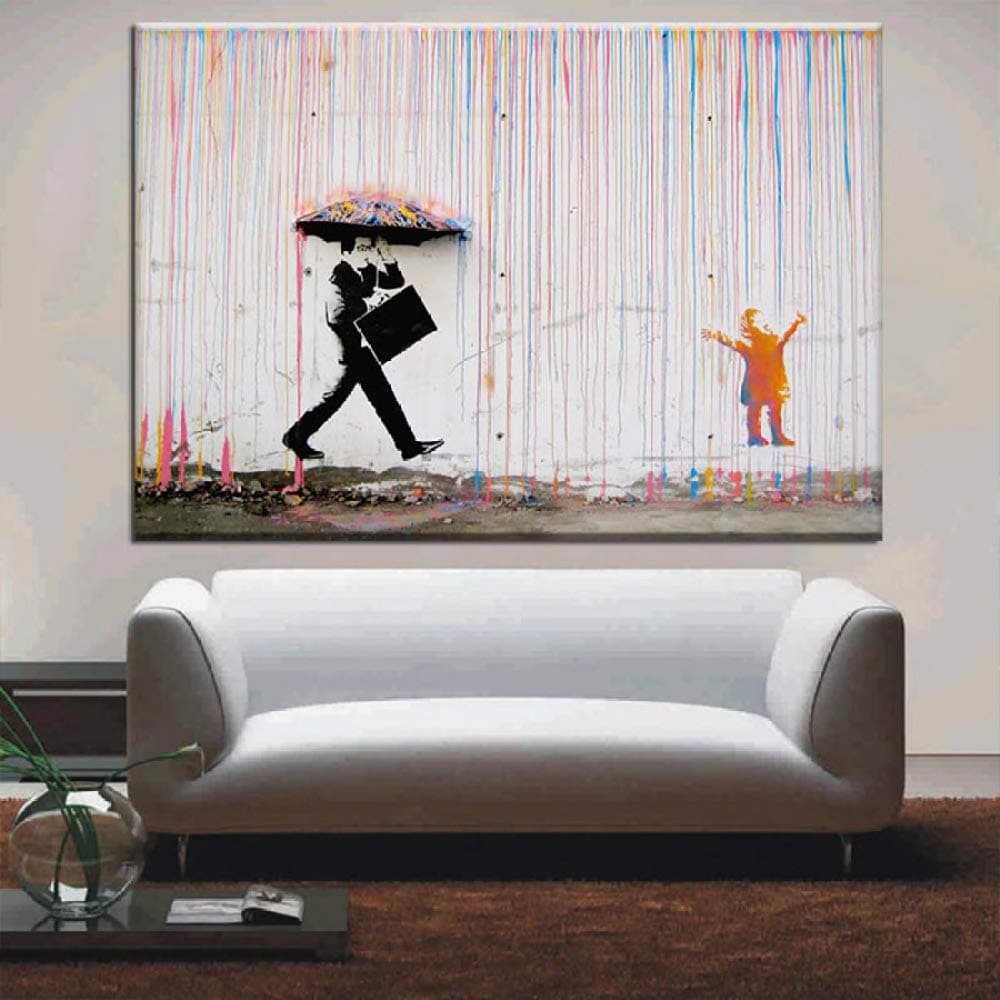 mmzki Banksy Art Graffiti Colorful Rain Prints on Canvas Modern Canvas Painting Wall Art Posters and Prints For Living Room Decoration g