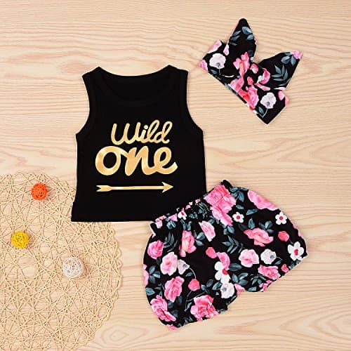 Baby Girls Floral Outfit Set Wild One 3Pcs Vest Skirt with Headband