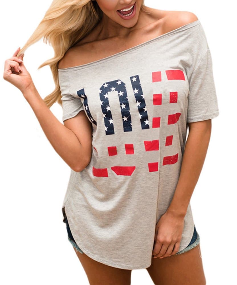 EnlaChic Women's 4th of July American Flag Print Off Shoulder USA Tops T-Shirt