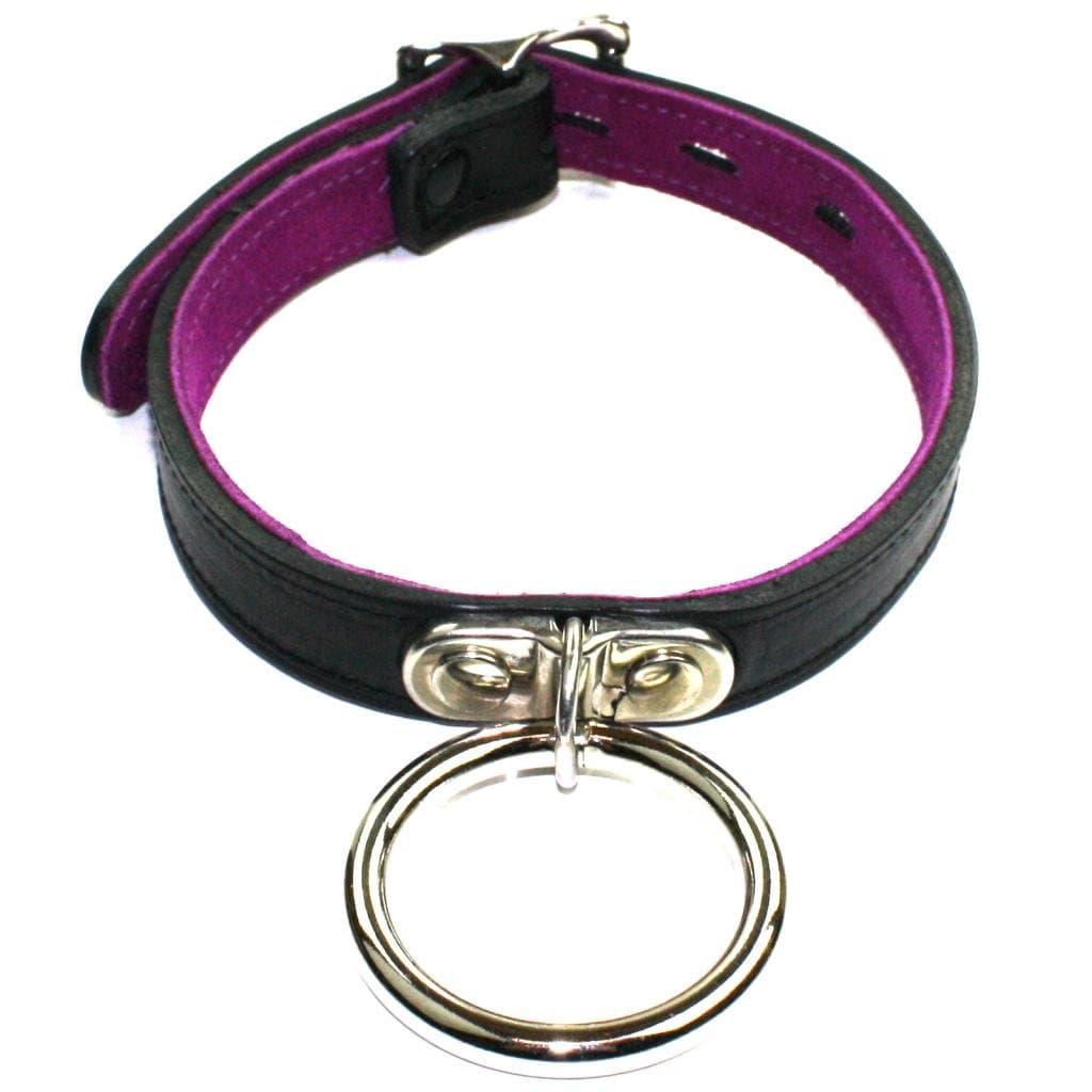 Slap leather small neck collar with ring in black leather with hot pink suede lining
