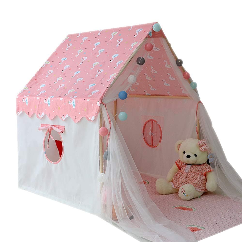 Kibten Large Pink Girl Princess Castle Tent Child Boy Paradise Game House Toy Room Children Large Playhouse Cotton Cloth Wooden Play Tent Baby Gift Teepee Tent for Indoor Outdoor Garden