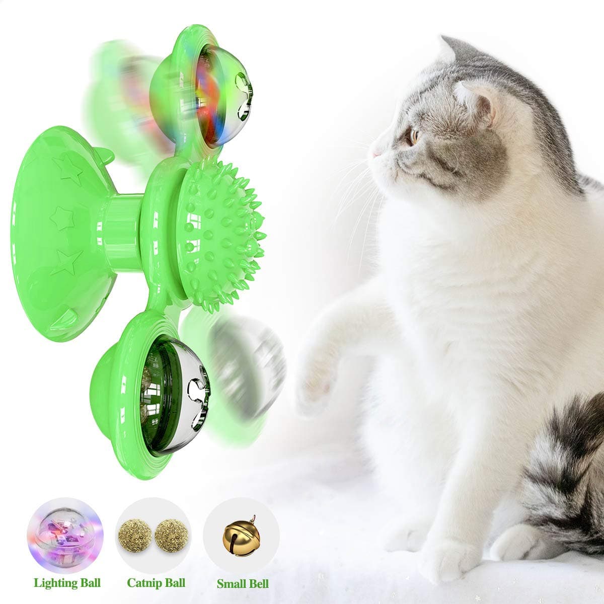 ODOLDI Windmill Cat Toy, Interactive Turntable Cat Toy with Suction Cup Portable Windmill Scratch Hair Brush Soft Silicone Washable Cat Grooming Shedding Massage for Cats