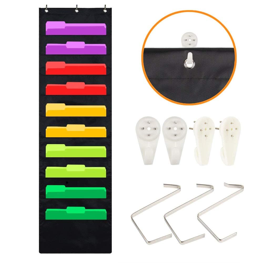 File Folder Organizer Hanging Wall, Cascading Wall Organizer, Storage Pocket Chart with 10 Large Pockets for Office, School, Home Studio, etc. 3 Hangers and 4 Hooks Bill Filing (10 Pockets)