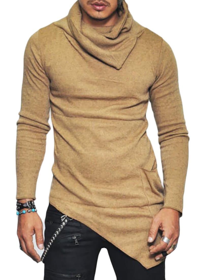 KLJR Mens Turtleneck Solid Asymmetrical Hem Sweatshirts Tops Khaki US L