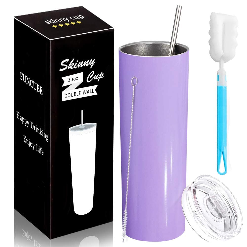 FUNCUBE 20 oz Stainless Steel Water Bottle Spill Proof Double Vacuum Insulated Straight Cup with Lids Straw Sponge Brush Stemless Travel Tumblers Outdoor Straight Tumbler (Blue)