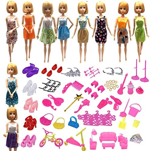118pcs Doll Accessories for Barbie-10 Pack Doll Dresses Party Gown Outfits and 108pcs Shoes Bags Glasses Bicycle Hair Clips Tableware Hangers for Barbies Xmas Gift,Color Random