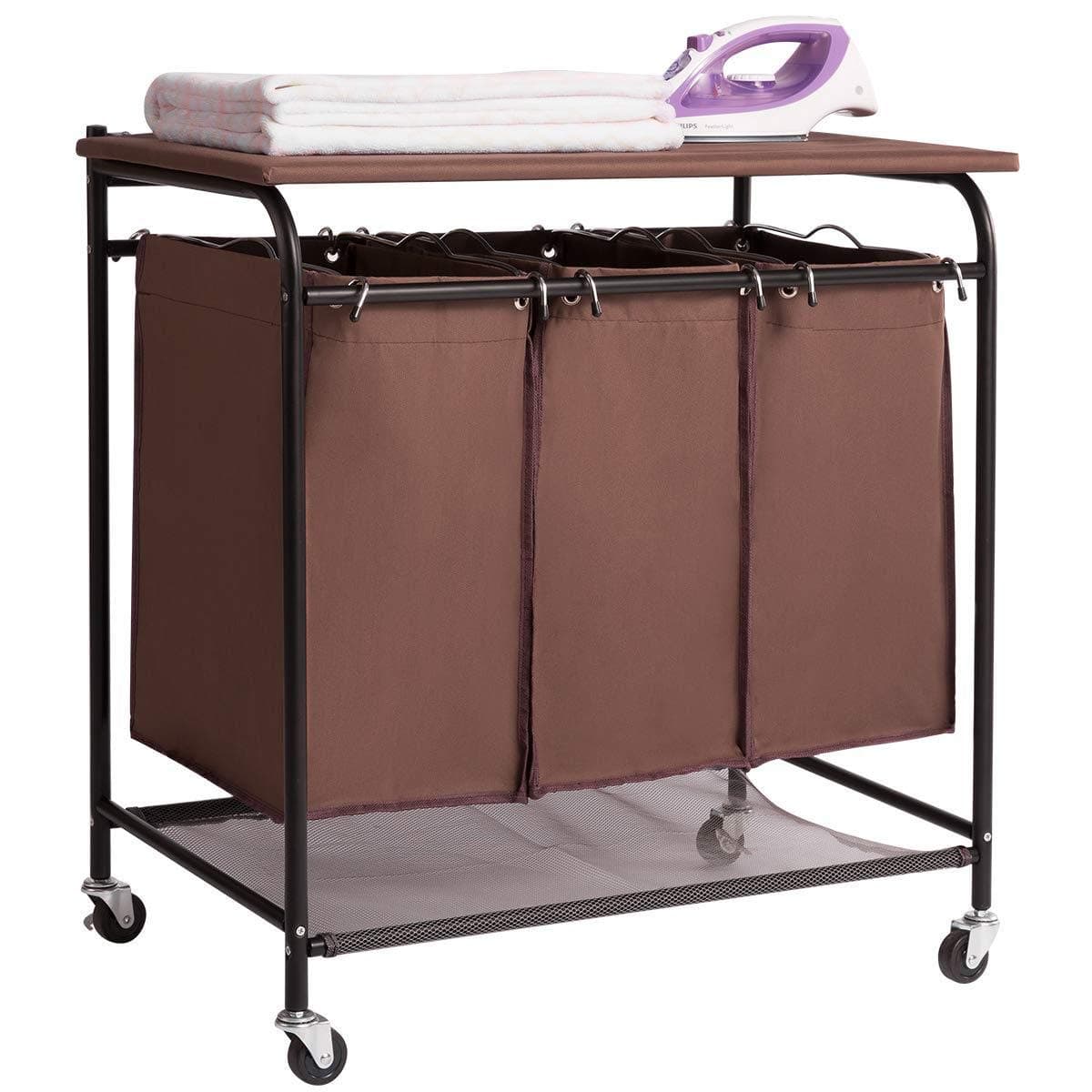 Rolling Laundry Sorter Cart Heavy Duty 3 Bags Laundry Hamper Sorter with Ironing Board,C