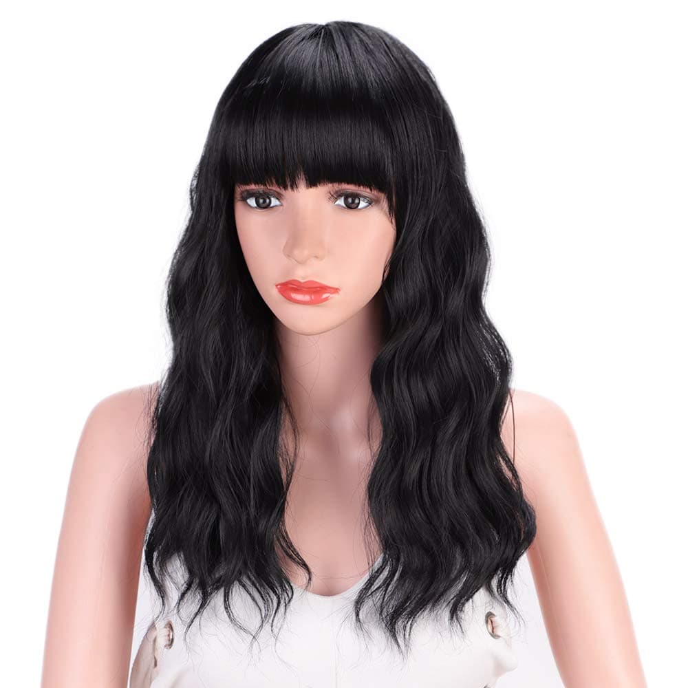 AISI HAIR Long Bob Wig with Bangs Natural Black Wavy Wigs for Women Heat Resistant Synthetic Wave Wigs 16 Inch