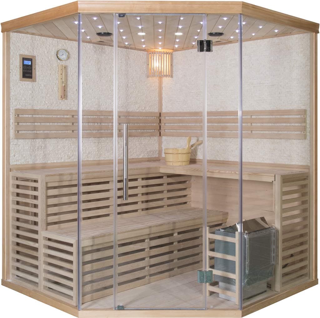 SDI Factory Direct 71" 4+ Person Canadian Hemlock Wet Dry Traditional Steam Sauna SPA + 8KW Heater with Glass Windows - 220V - LED Lighting, Bluetooth, Water Bucket + Ladle - SYMT04ASS