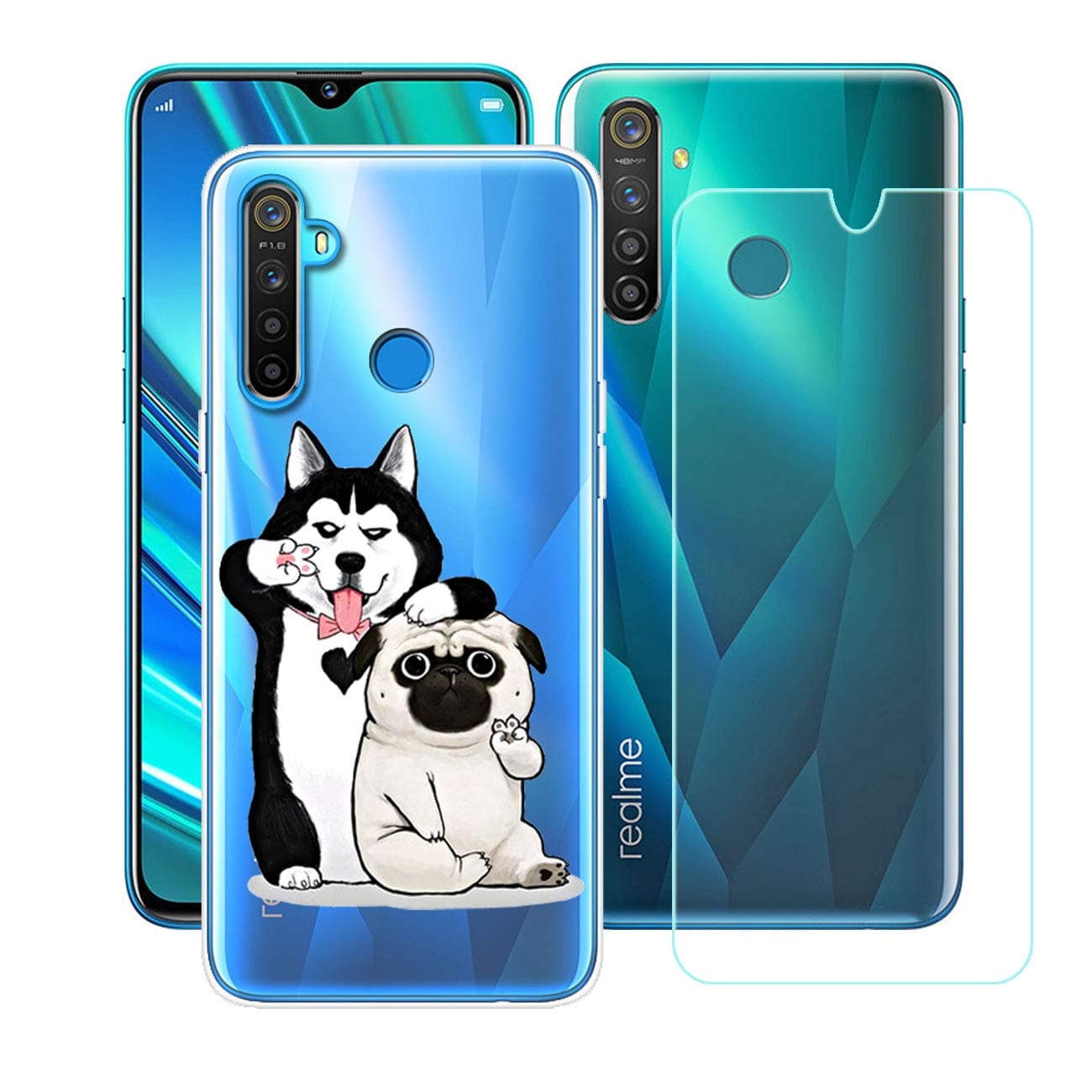 Case for Oppo Realme 5 Pro Cover + Screen Protector Tempered Glass Protective Film - YZKJ Flexible Soft Gel Crystal Transparent TPU Silicone Protection Case for Oppo Realme 5 Pro 6.3" - HY17