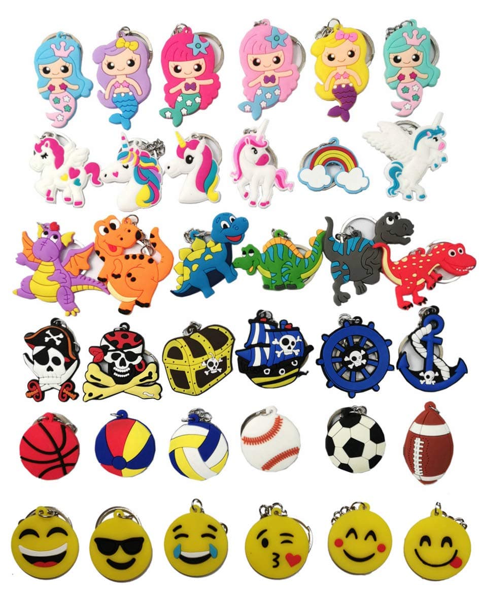 36pcs 6 sets Key Chain Include Mermaid Unicorn Dinosaur Pirate Balls and Christmas Gifts Key Tags Goodie Bag Stuffer Holiday Charms